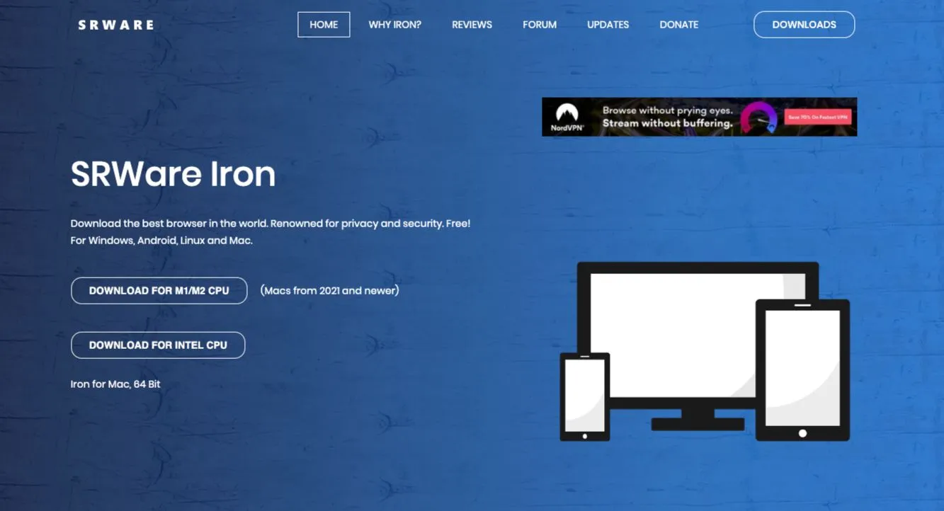 Trang chủ website SRWare Iron