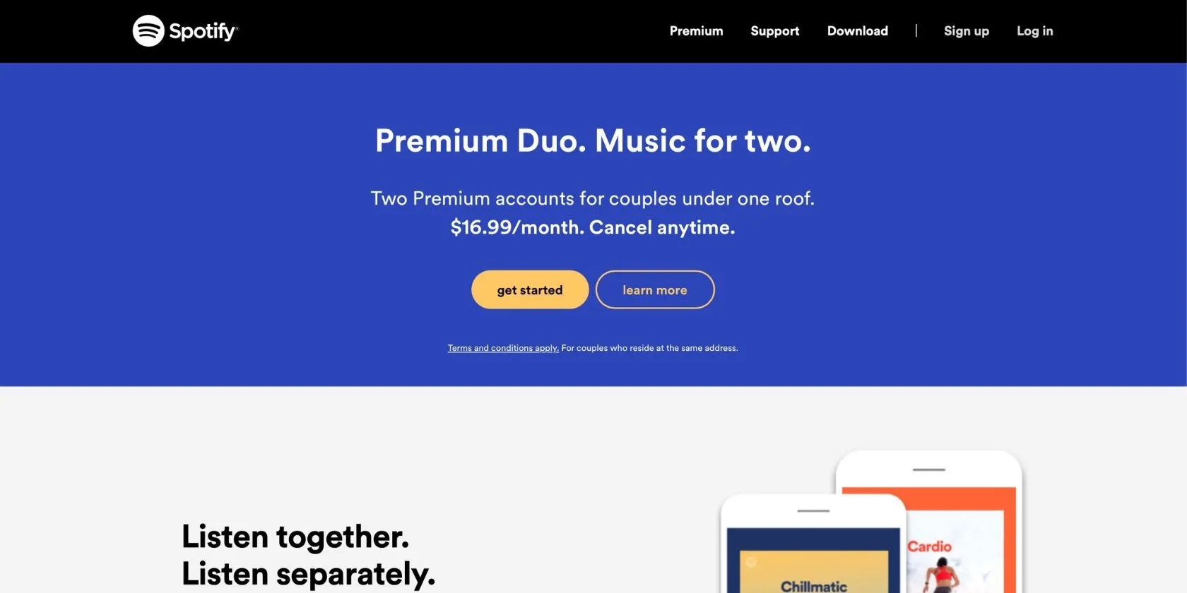 Trang giới thiệu gói Spotify Premium Duo trên website Spotify