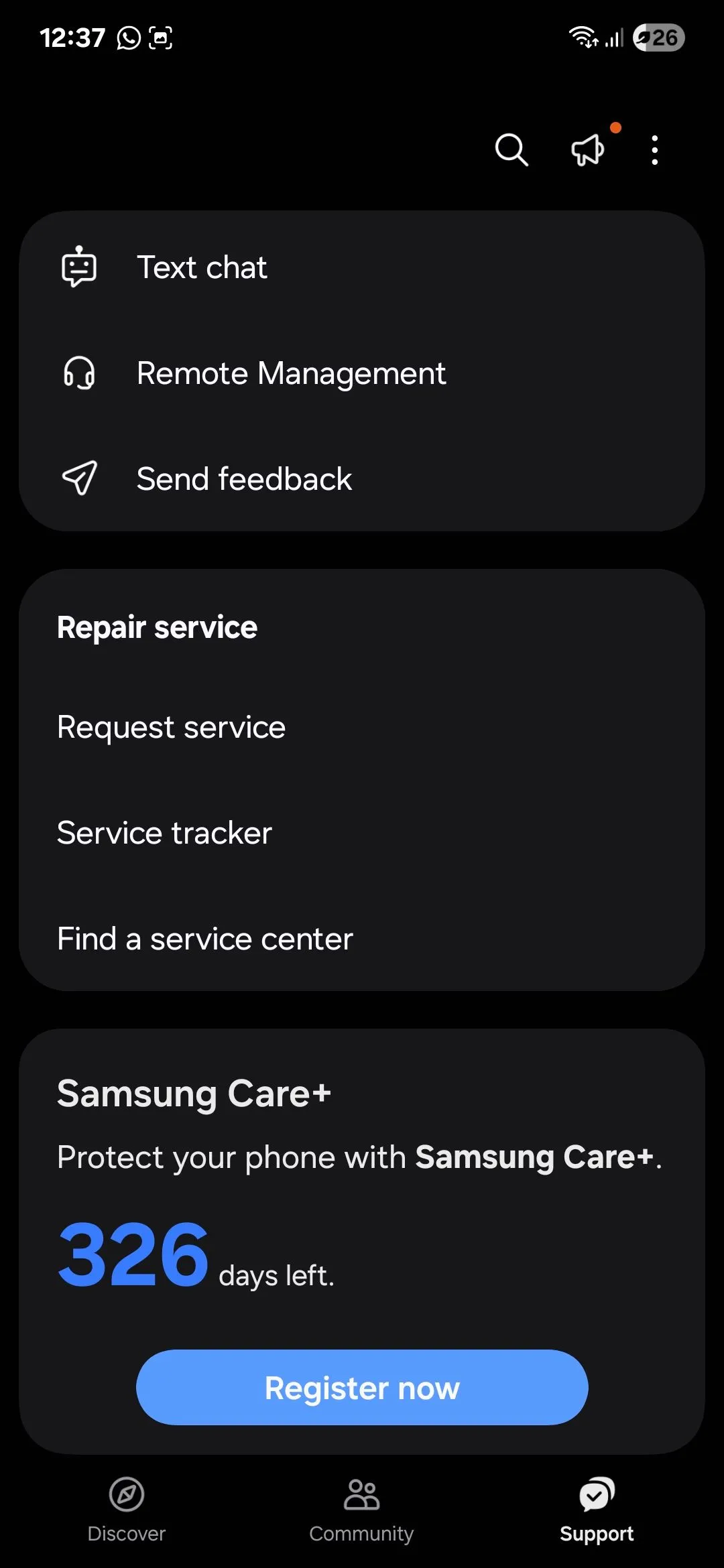Trang hỗ trợ trong ứng dụng Samsung Members, hiển thị các tùy chọn chẩn đoán và trợ giúp.