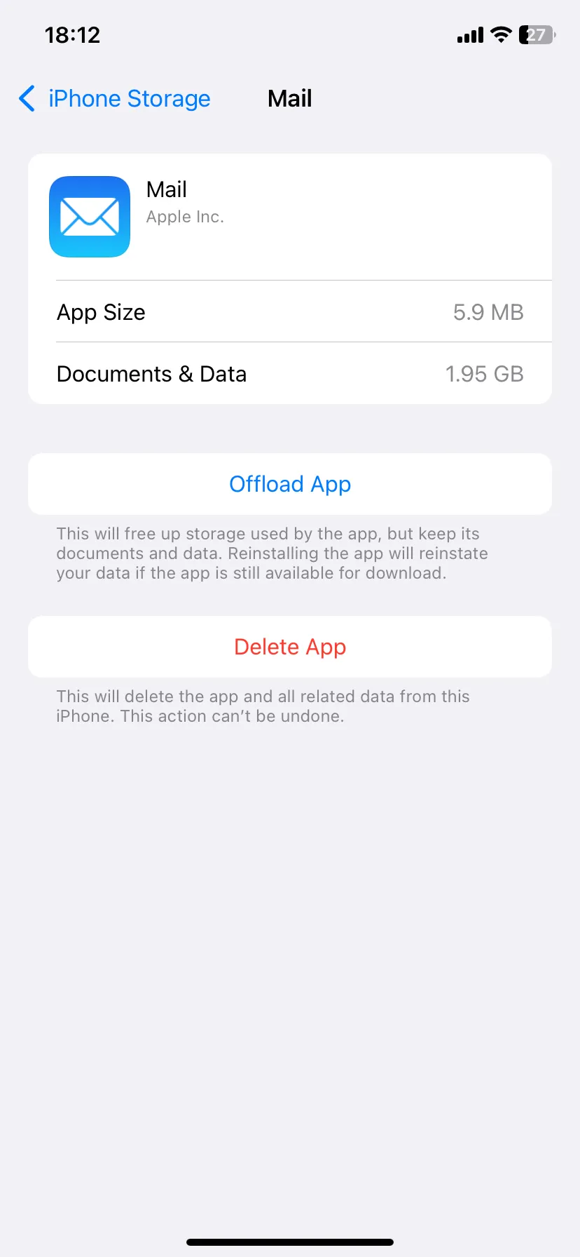 Trang quản lý dung lượng lưu trữ của ứng dụng Mail trên iPhone