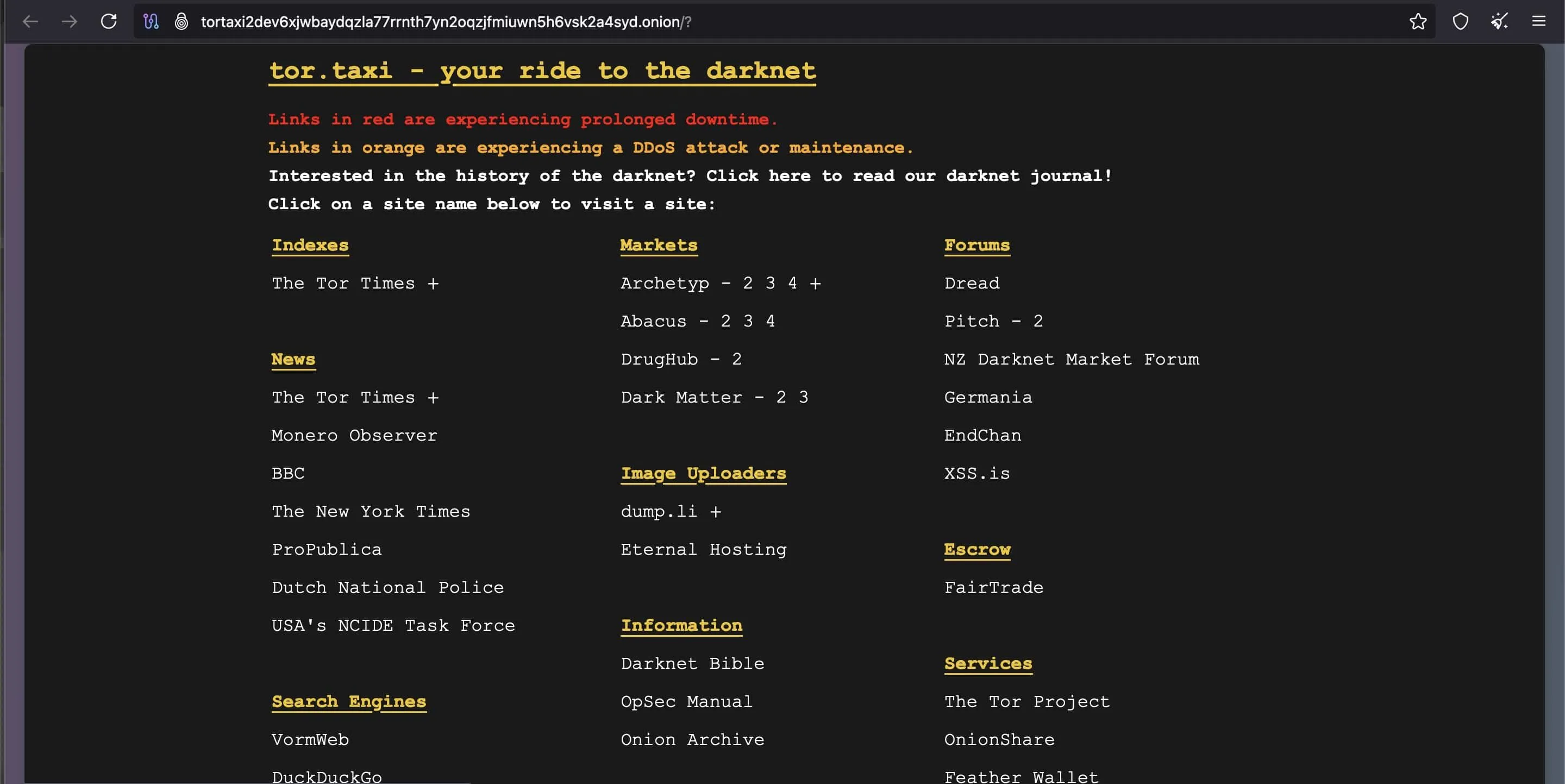 Trang web Tor.Taxi trên Dark Web, hiển thị các liên kết .onion.