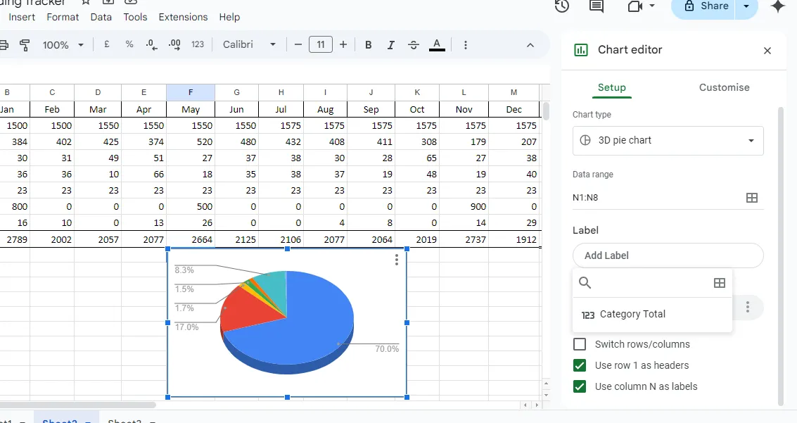 Trình chỉnh sửa biểu đồ trực quan trong Google Sheets, hỗ trợ tạo đồ thị nhanh chóng để cộng tác