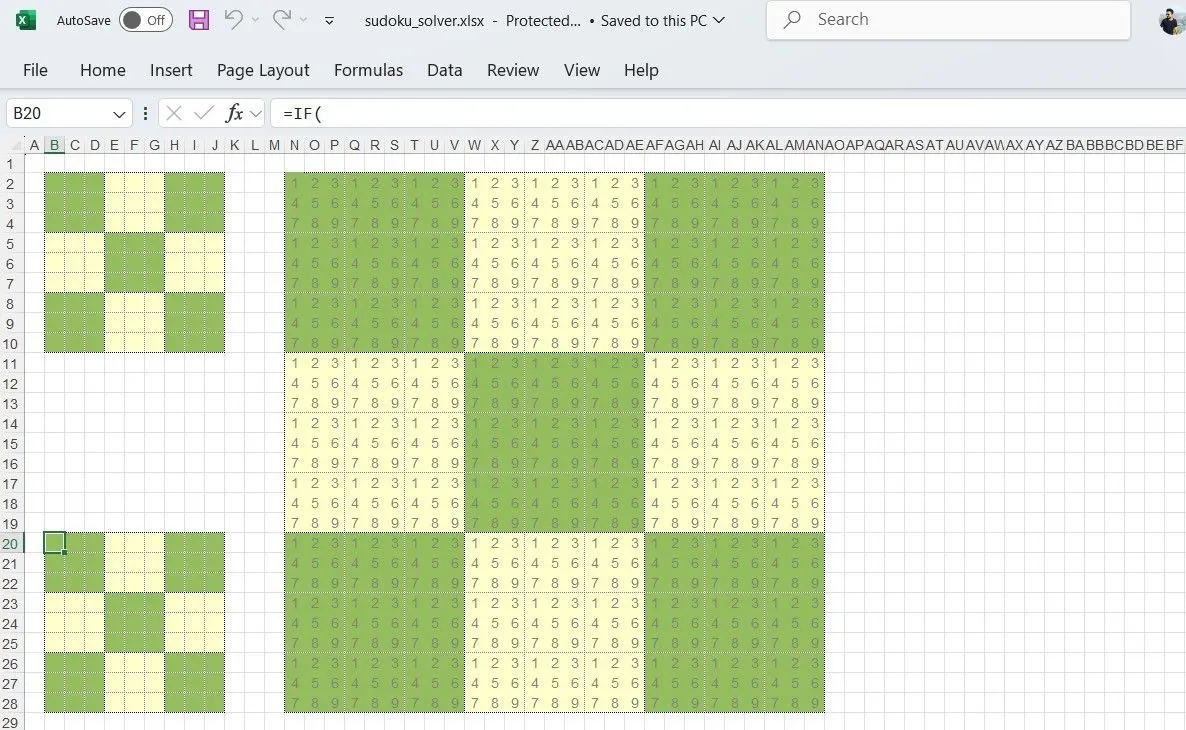 Trình giải Sudoku được xây dựng hoàn toàn bằng công thức và định dạng có điều kiện trên một bảng tính Excel, giúp người dùng điền các ô trống.