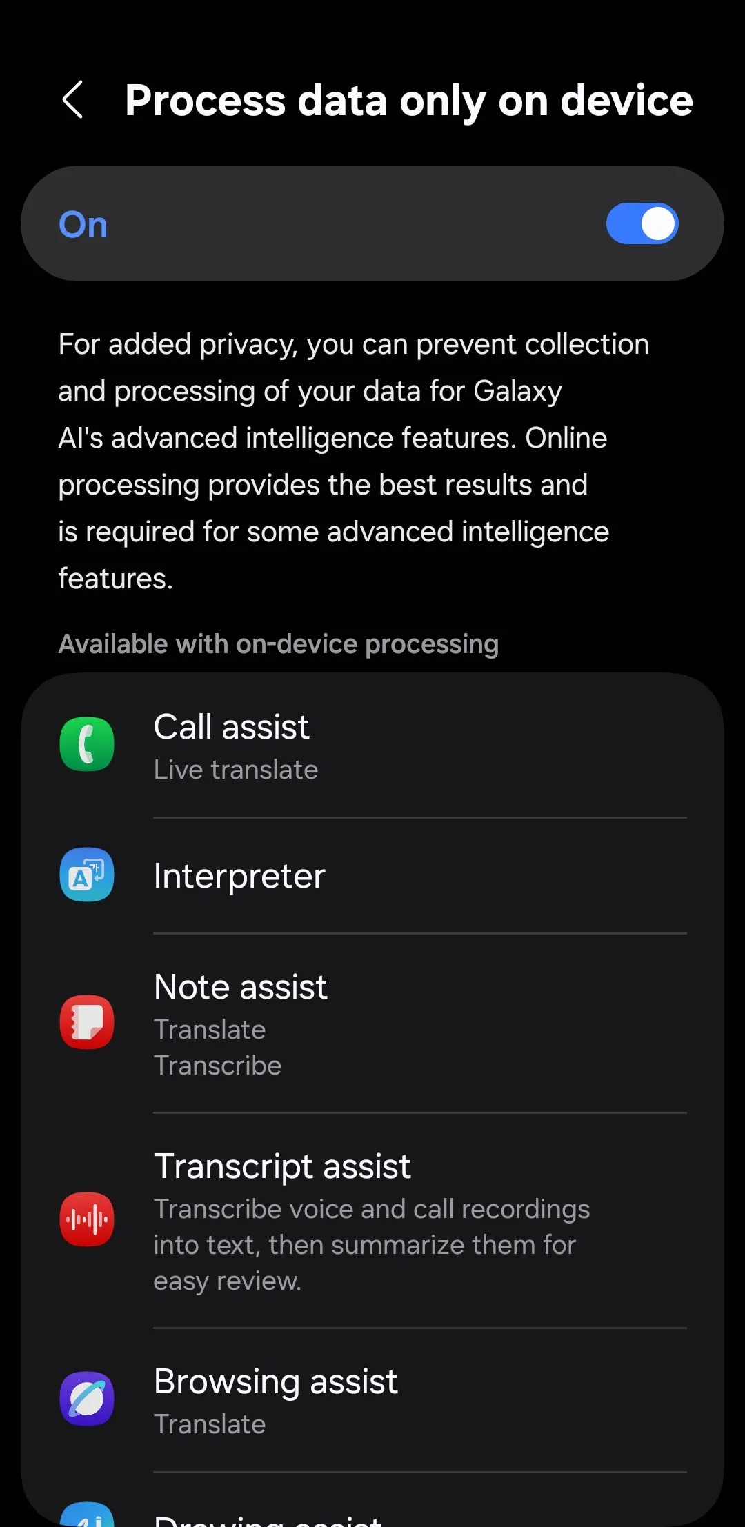 Tùy chọn bật xử lý dữ liệu Galaxy AI trực tiếp trên thiết bị Samsung