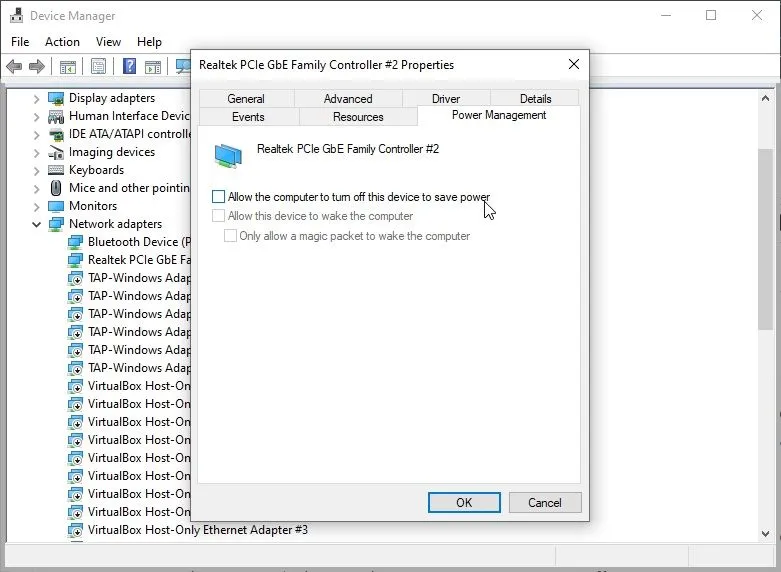 Tùy chọn bộ điều hợp mạng trong Device Manager của Windows 10