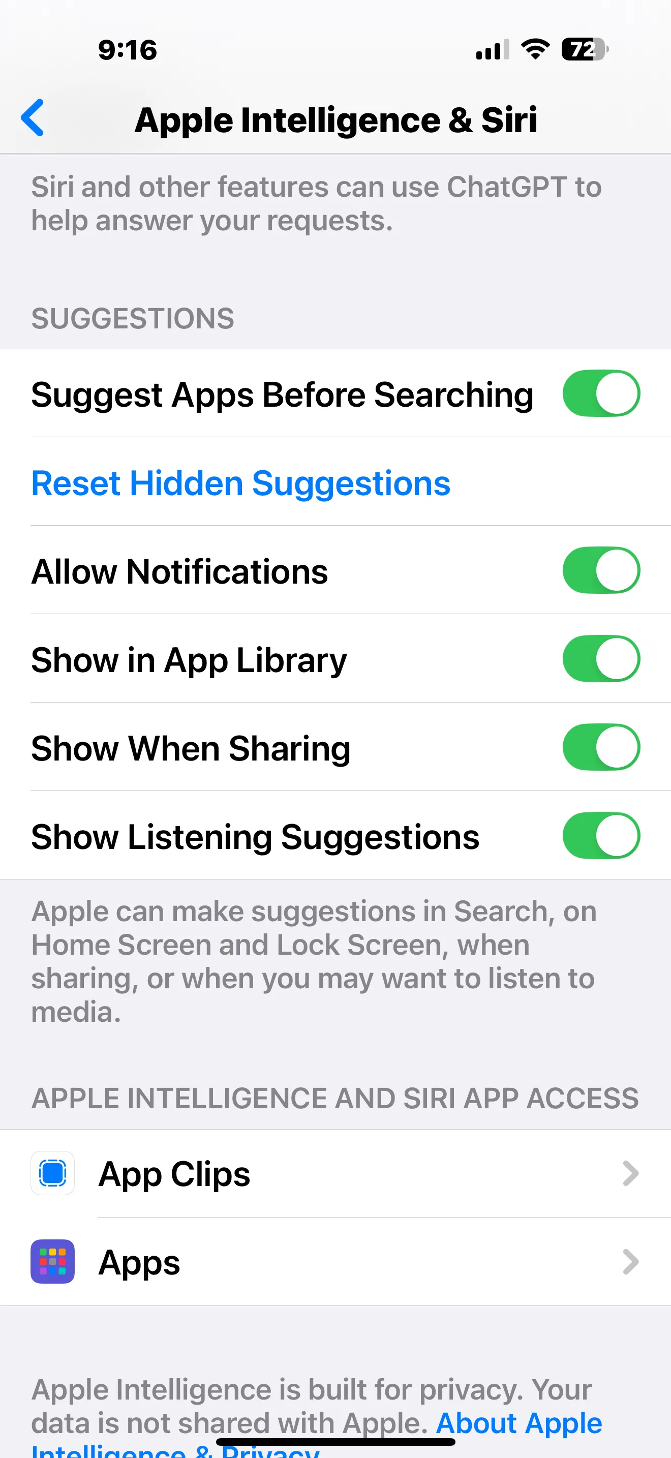 Tùy chọn cài đặt Apple Intelligence và quyền truy cập ứng dụng, cho phép người dùng tùy chỉnh các tính năng AI