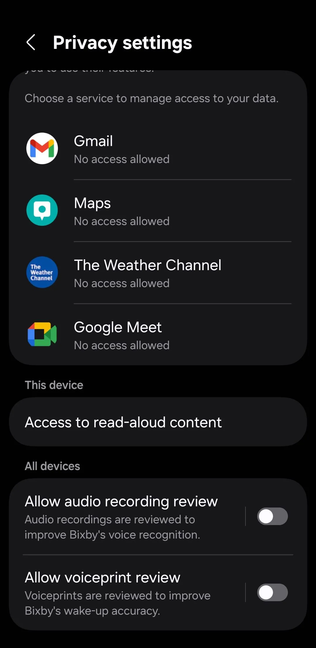 Tùy chọn cài đặt quyền riêng tư trong ứng dụng Bixby của Samsung