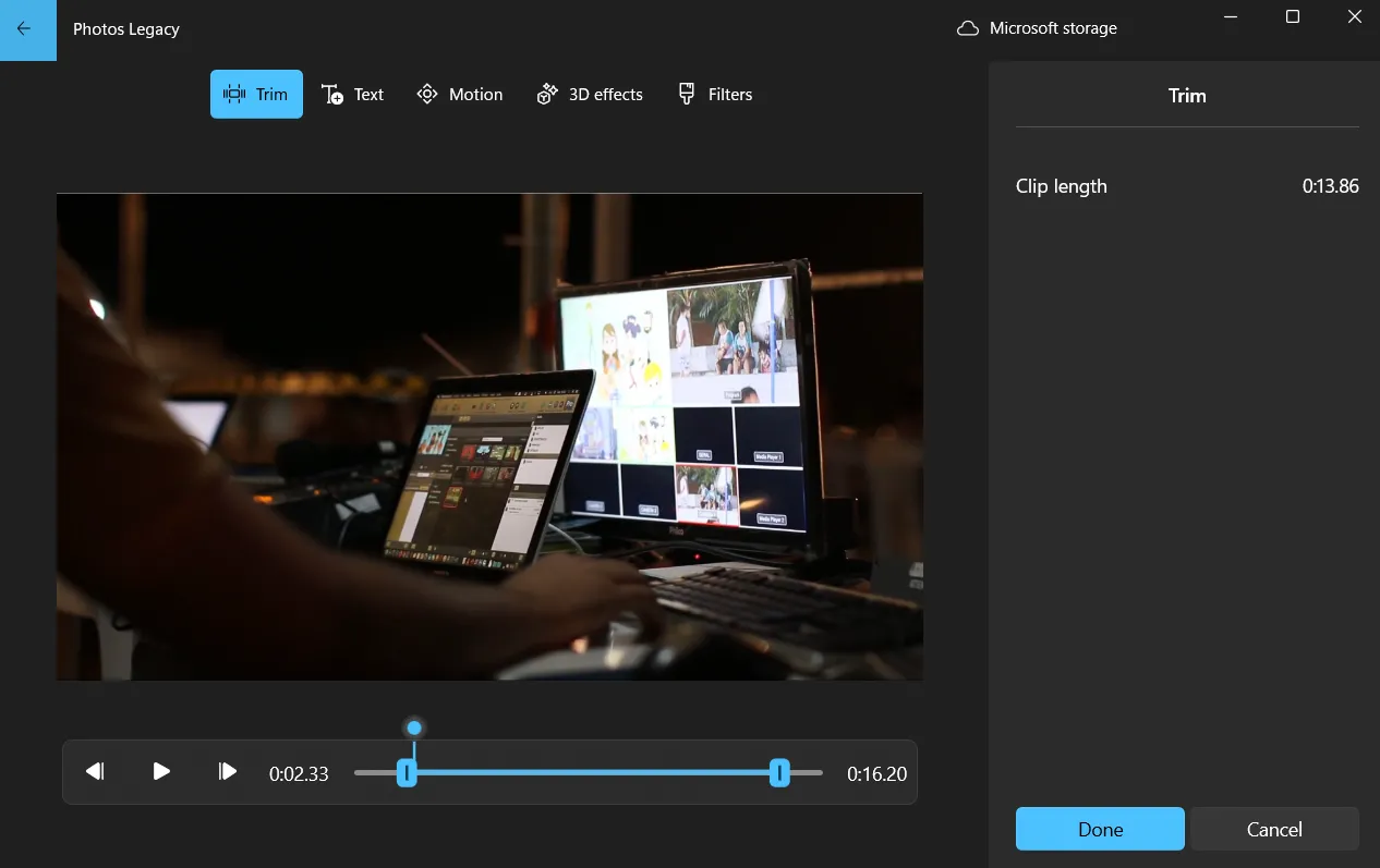 Tùy chọn cắt video (Trim) trong trình chỉnh sửa Photos Legacy với thanh trượt và nút Done.