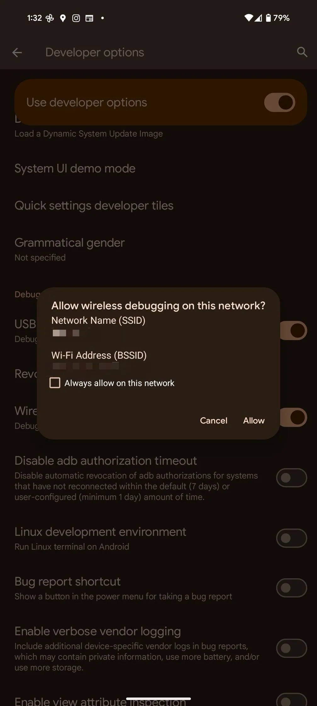 Tùy chọn Gỡ lỗi không dây (Wireless debugging) trong menu nhà phát triển Android.