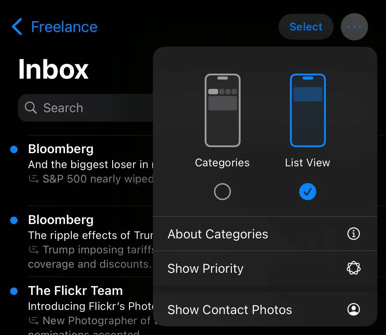 Tùy chọn hiển thị ảnh liên hệ và sắp xếp ưu tiên trong cài đặt ứng dụng Mail trên iOS 18.5 beta 1