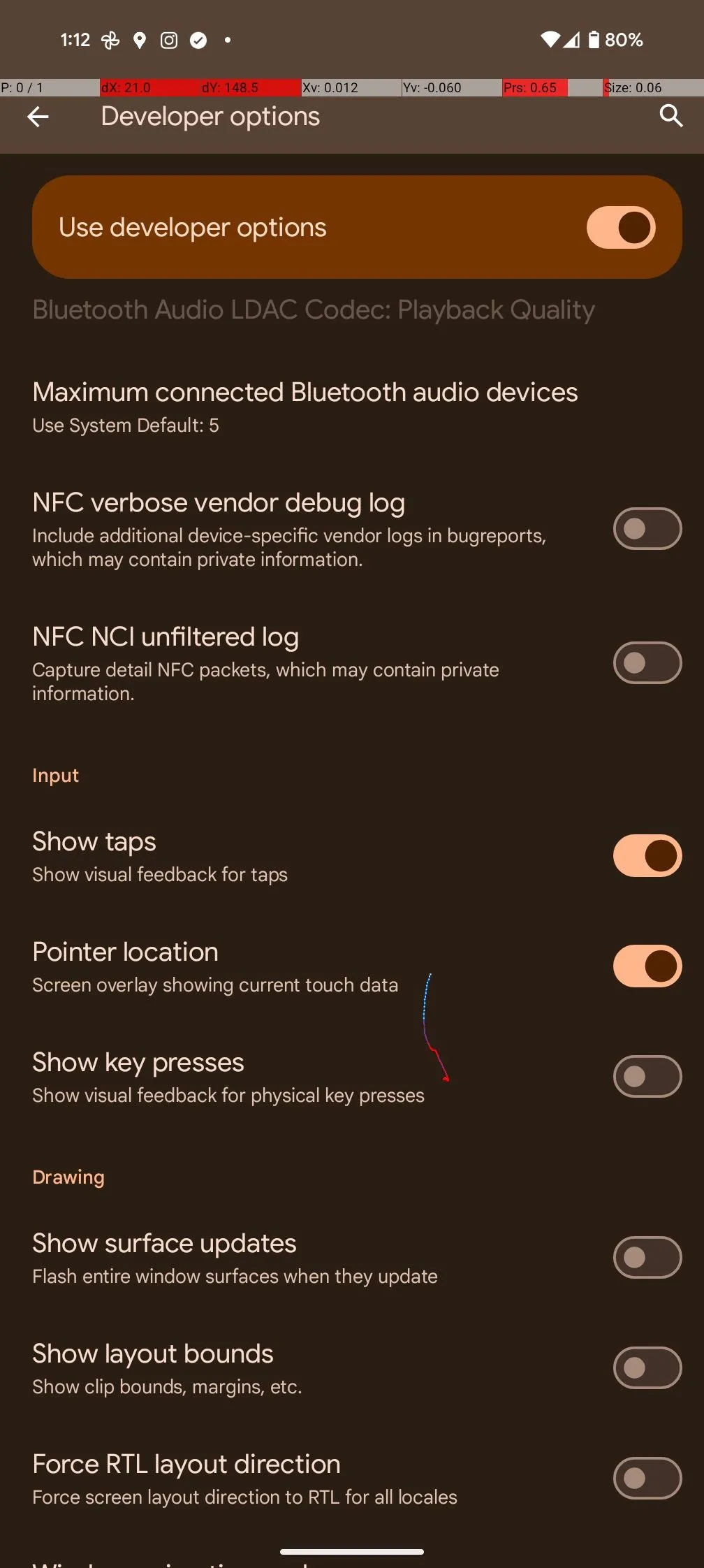 Tùy chọn Hiển thị chạm (Show taps) và Vị trí con trỏ (Pointer location) được kích hoạt trong Tùy chọn nhà phát triển trên Android.