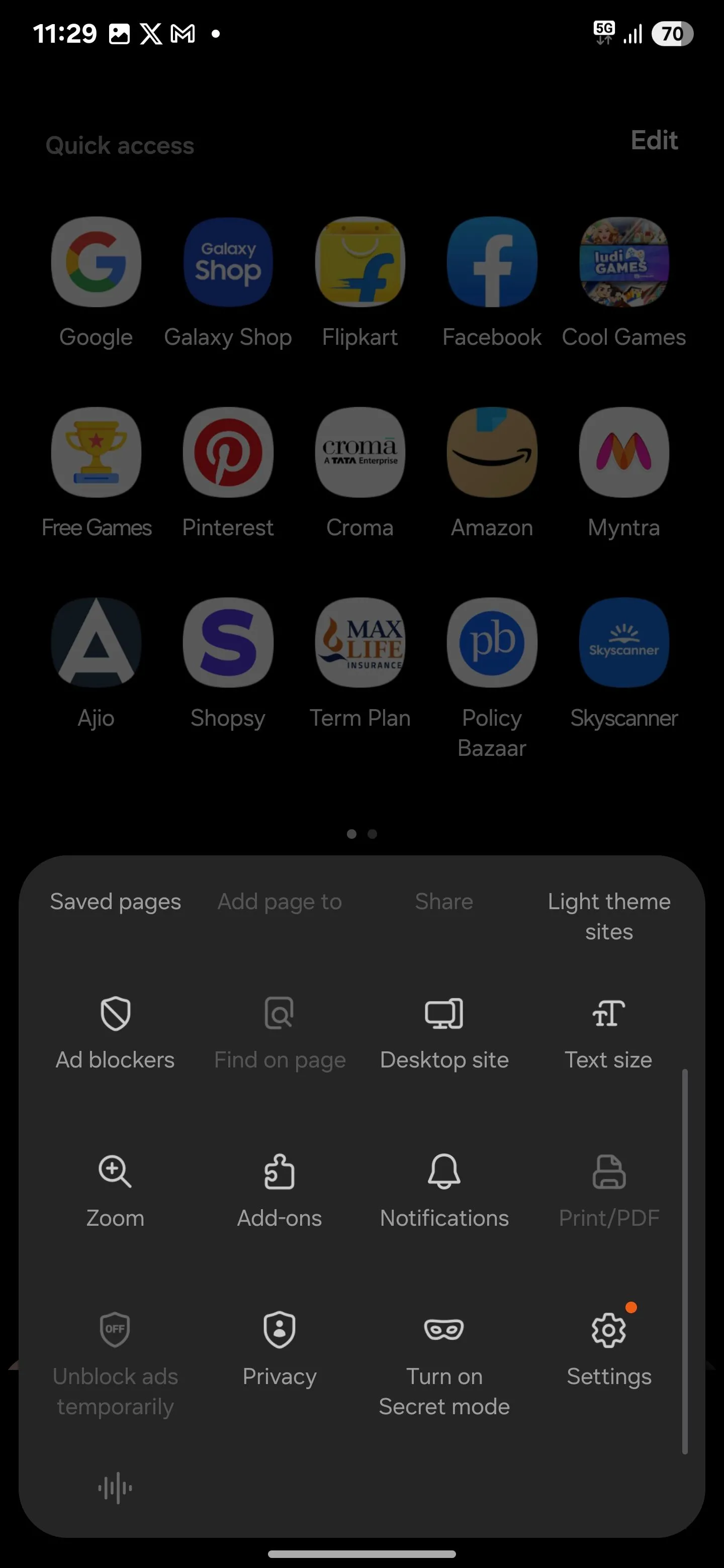 Tùy chọn menu cài đặt của ứng dụng Samsung Internet