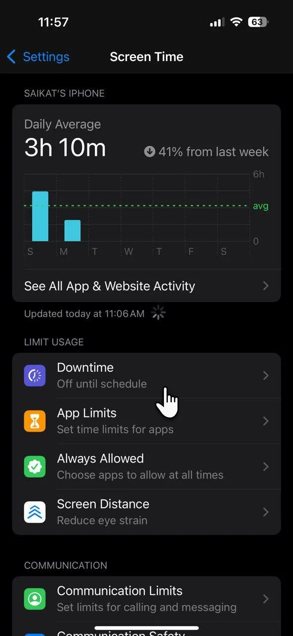 Tùy chọn thiết lập thời gian nghỉ (Downtime) và giới hạn sử dụng ứng dụng trong cài đặt Screen Time của iPhone