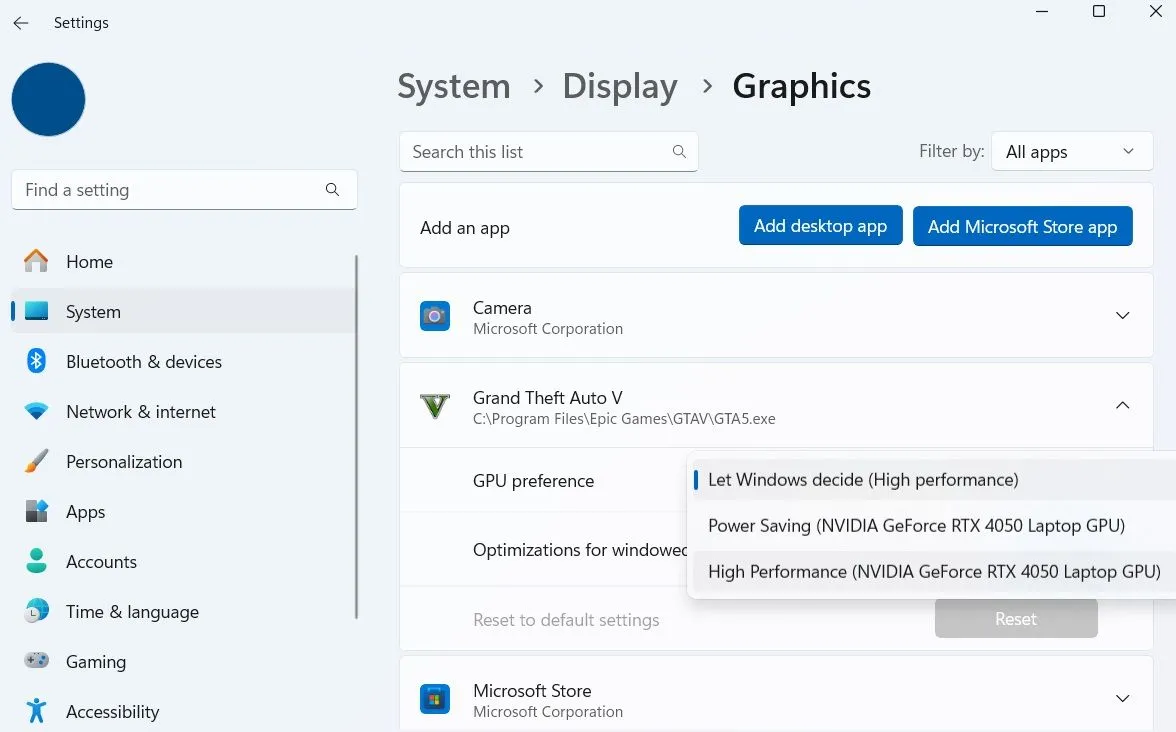 Tùy chọn ưu tiên GPU cho ứng dụng và trò chơi trong Cài đặt Đồ họa của Windows