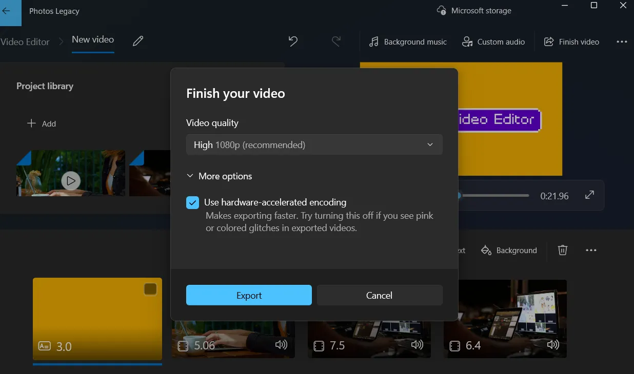 Tùy chọn xuất video trong trình chỉnh sửa Photos Legacy với các lựa chọn độ phân giải.