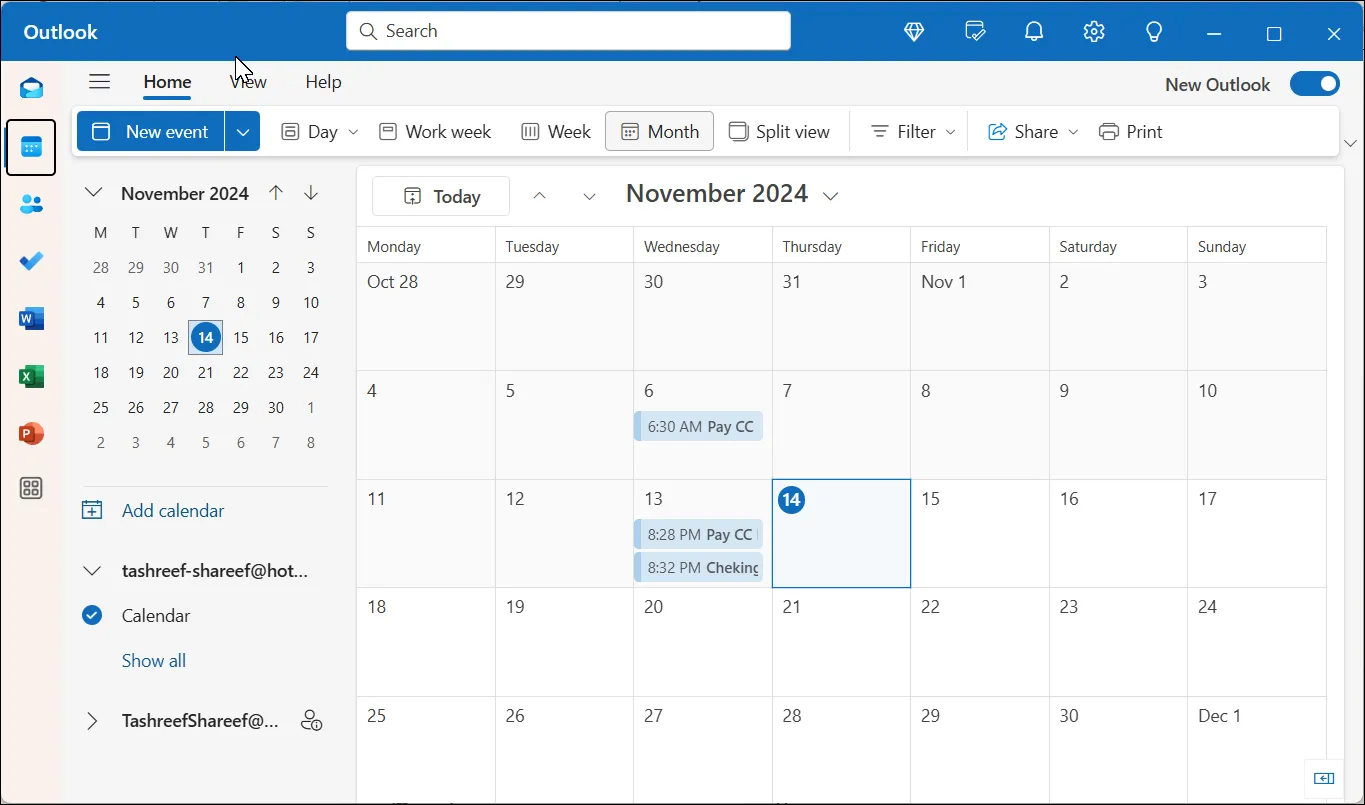 Ứng dụng Lịch trong Outlook trên Windows 11 hiển thị các cuộc hẹn và nhắc nhở.