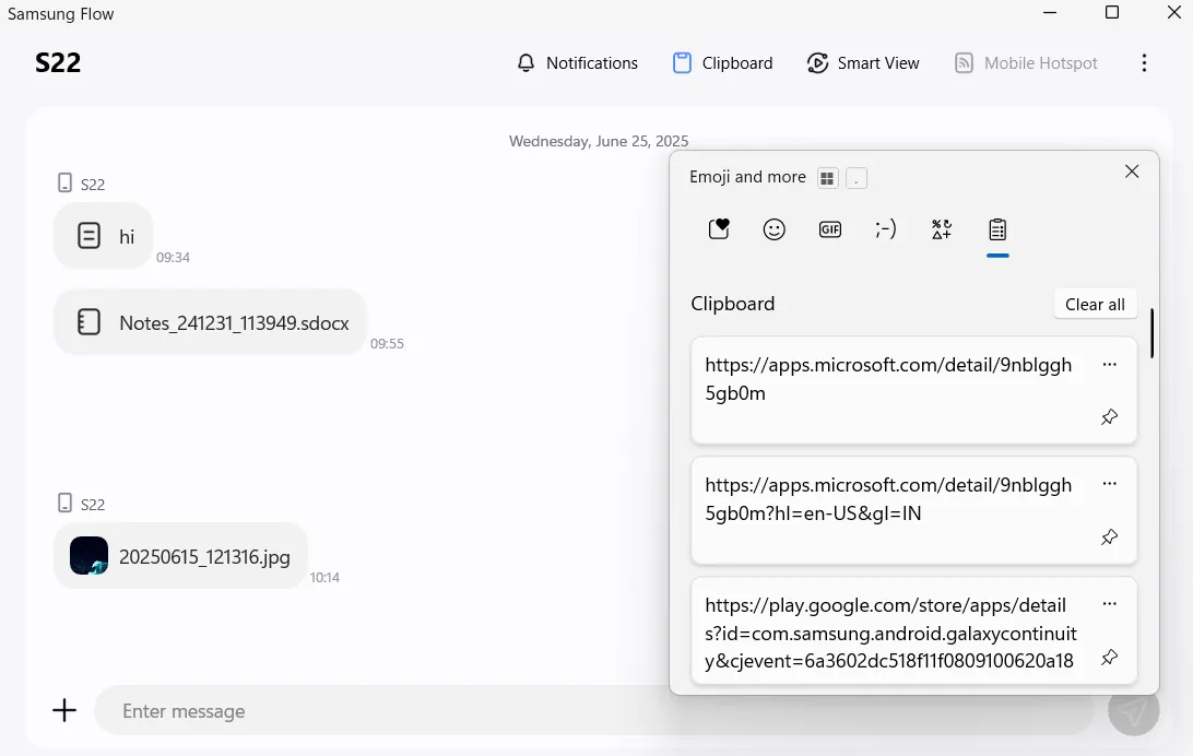 Ứng dụng Samsung Flow trên Windows hiển thị nút 'Clipboard' đã kích hoạt, biểu thị tính năng đồng bộ bộ nhớ đệm xuyên thiết bị