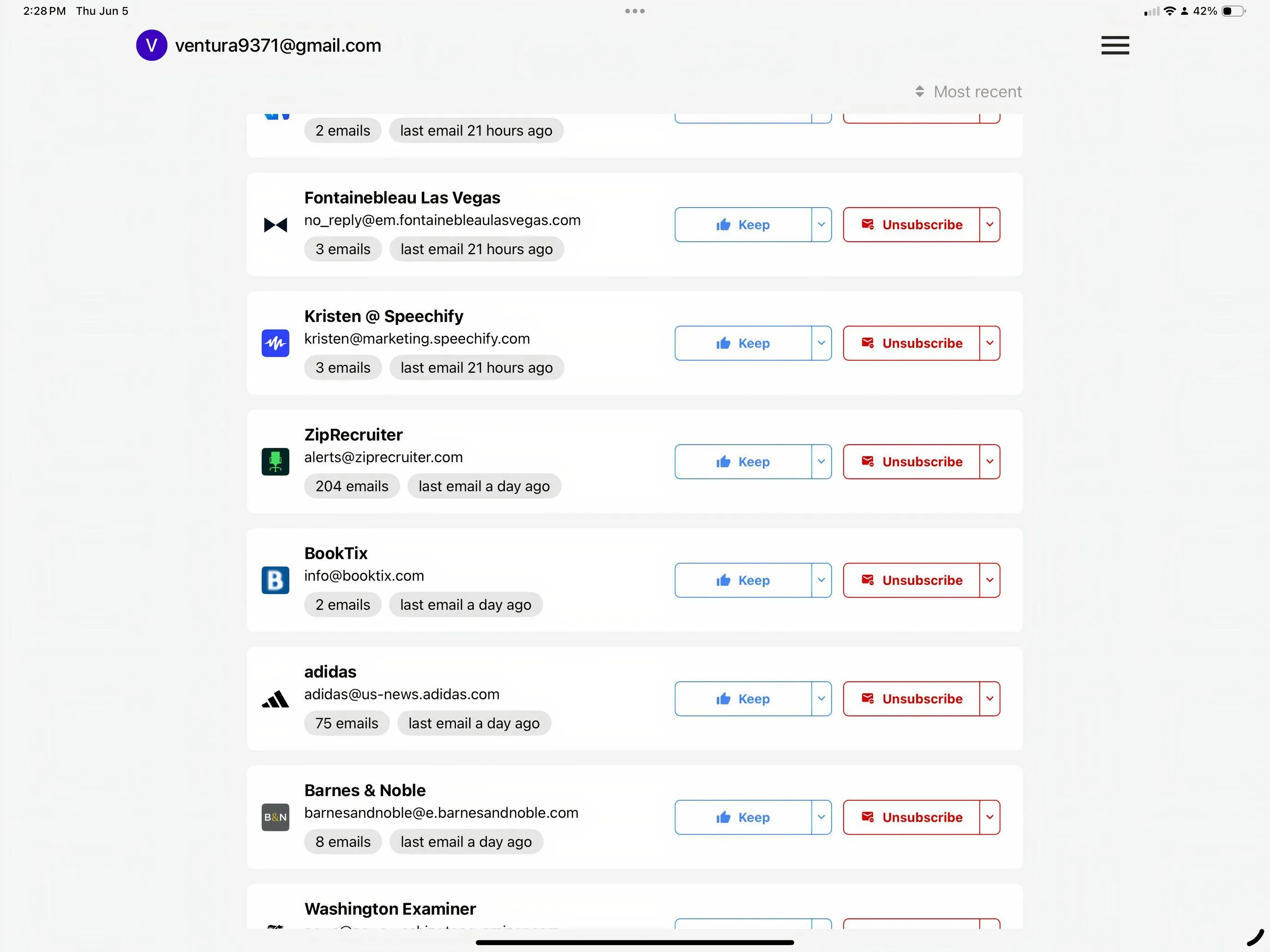 Ứng dụng Trimbox trên iPad giúp quản lý và hủy đăng ký email không mong muốn, hiển thị danh sách người gửi