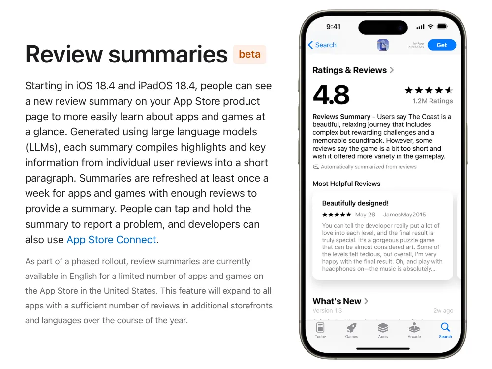 Ví dụ về tính năng tóm tắt đánh giá ứng dụng bằng AI trên Apple App Store