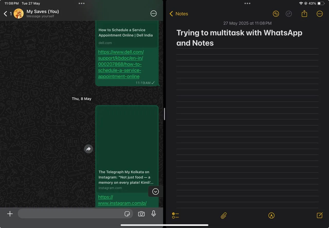 WhatsApp trên iPad ở chế độ Split View, minh họa khả năng đa nhiệm linh hoạt cùng các ứng dụng khác.