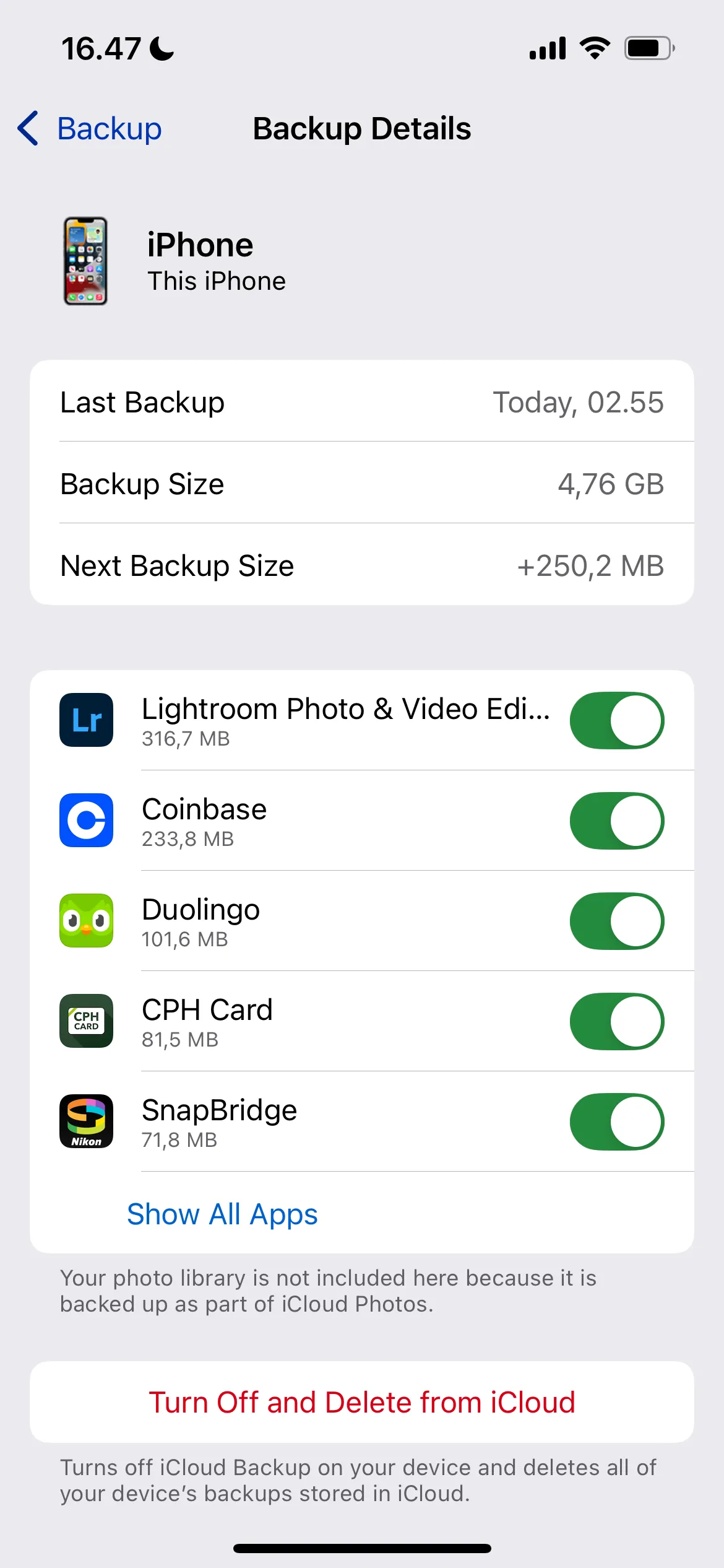 Xem chi tiết sao lưu iCloud của các ứng dụng trên iPhone.